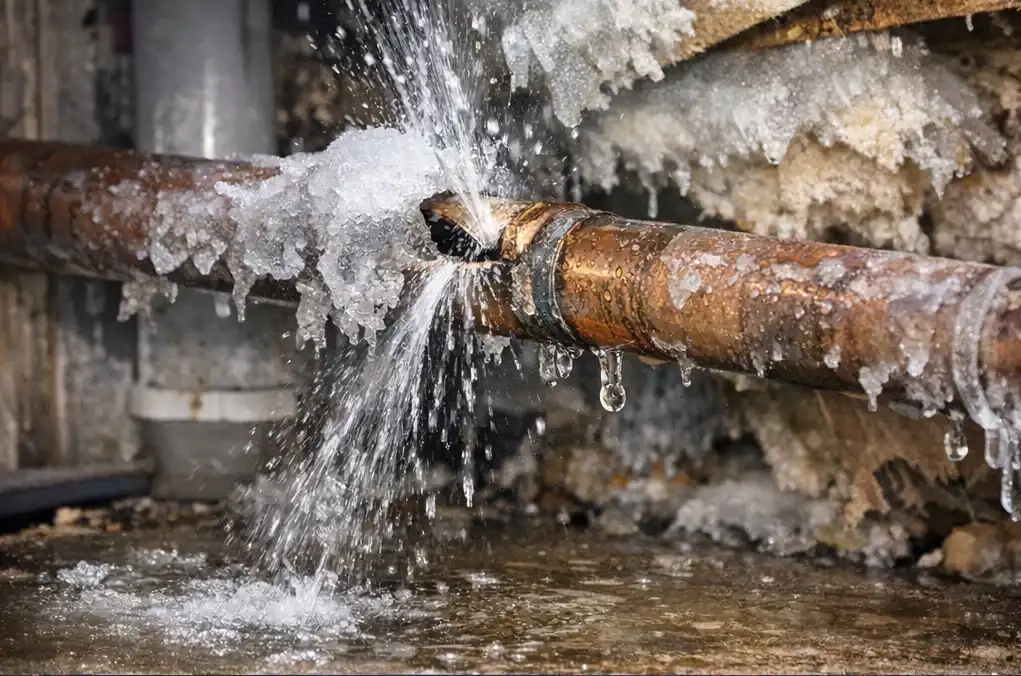 Frozen copper pipe covered in ice and frost, bursting open and spraying water outward, showing a serious winter plumbing emergency.