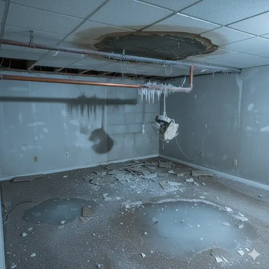 Indoor room with a collapsed ceiling, broken frozen pipe covered in icicles, standing water, and debris across the floor.