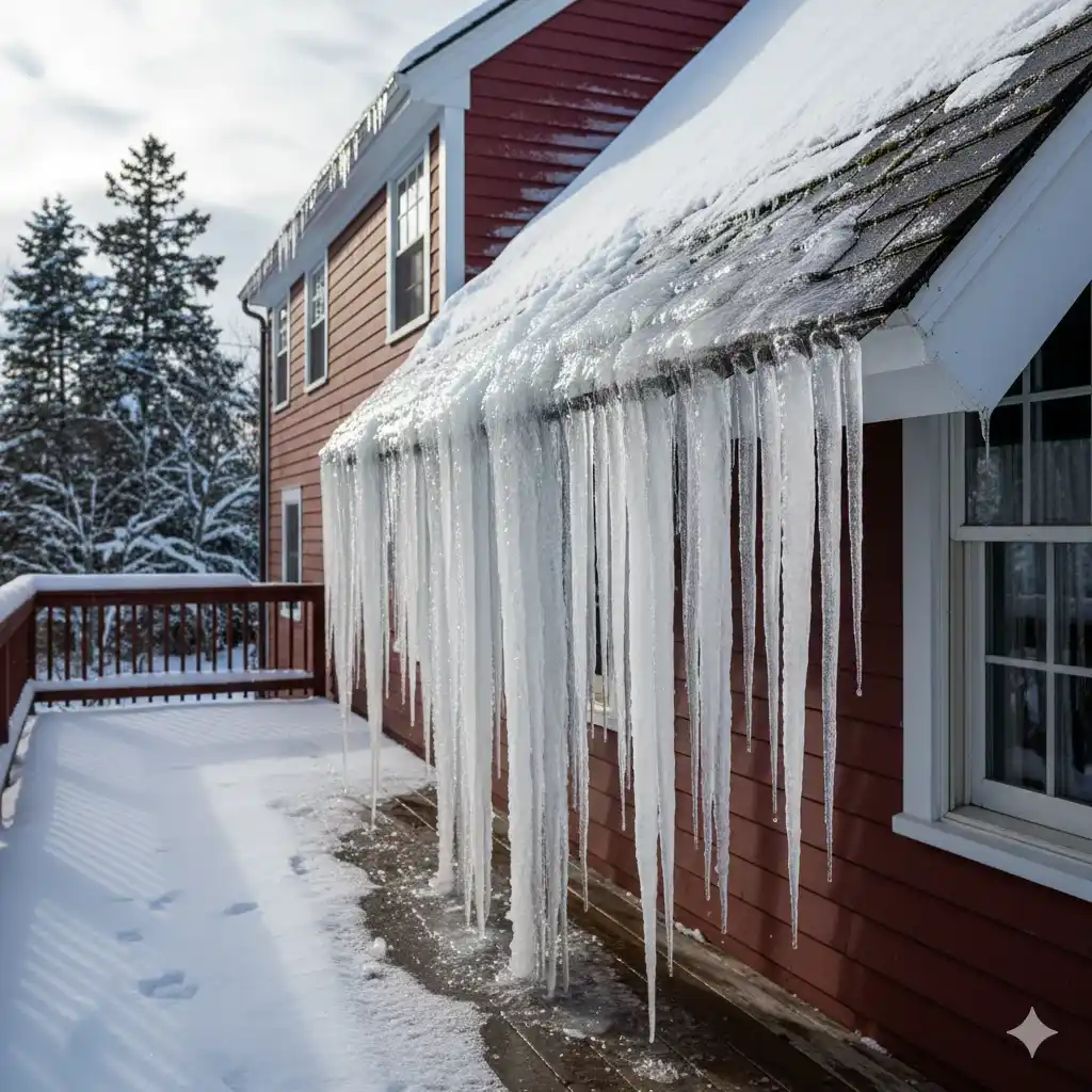 House roof with a heavy accumulation of ice and long icicles along the roof edge, showing the effects of severe winter conditions.