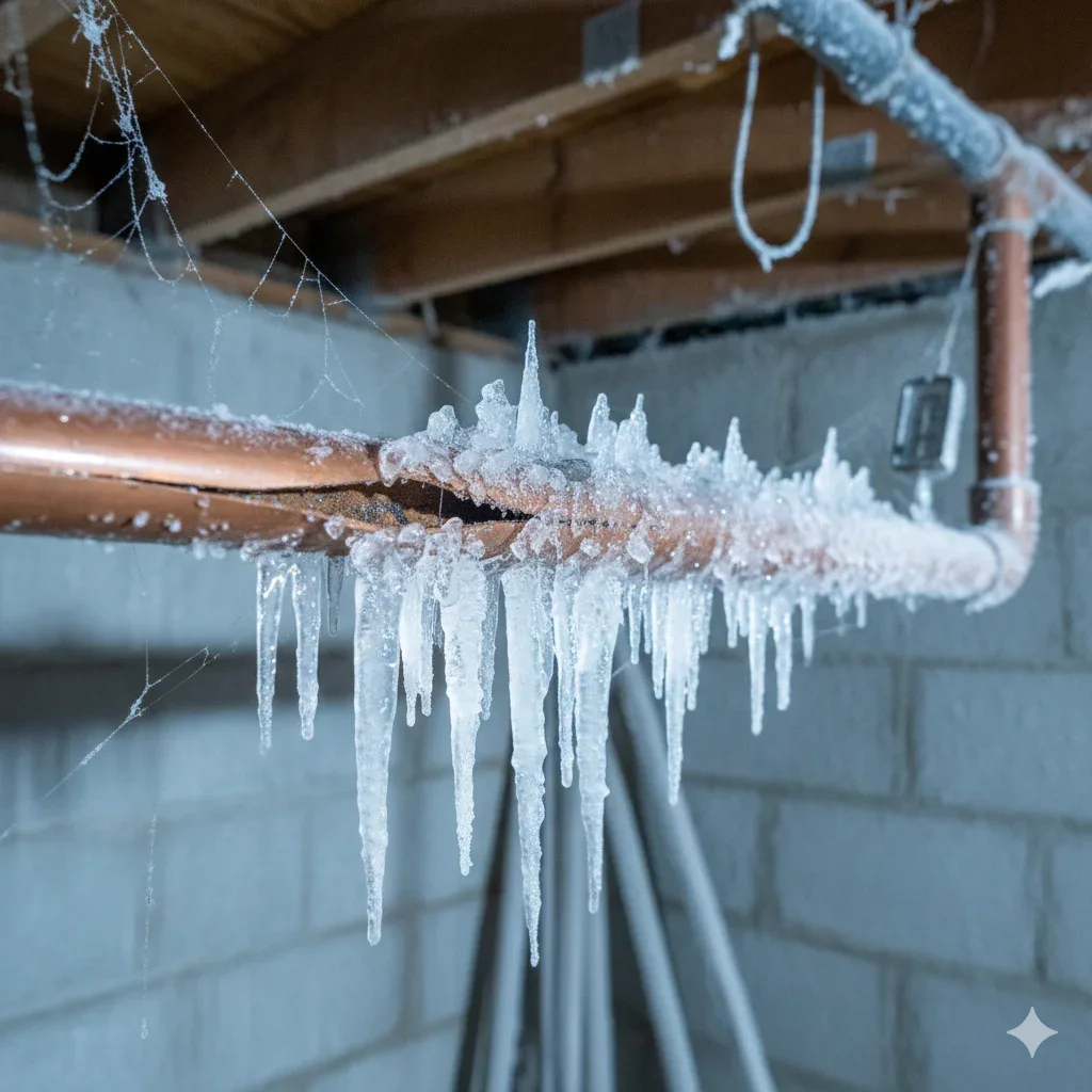 Severely frozen copper pipe covered in ice and icicles, with a visible rupture caused by freezing temperatures.