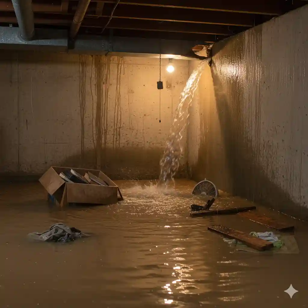 Flooded basement with water gushing from the wall and belongings submerged across the floor, highlighting winter water damage risks for Massachusetts homeowners.