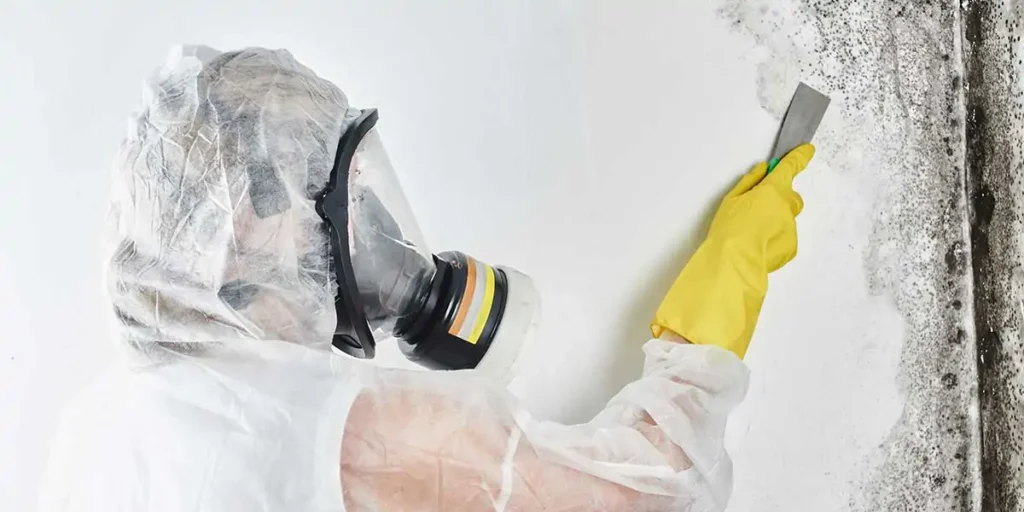 A professional wearing protective gear scrapes black mold off a wall during a mold remediation service in Boston, MA.
