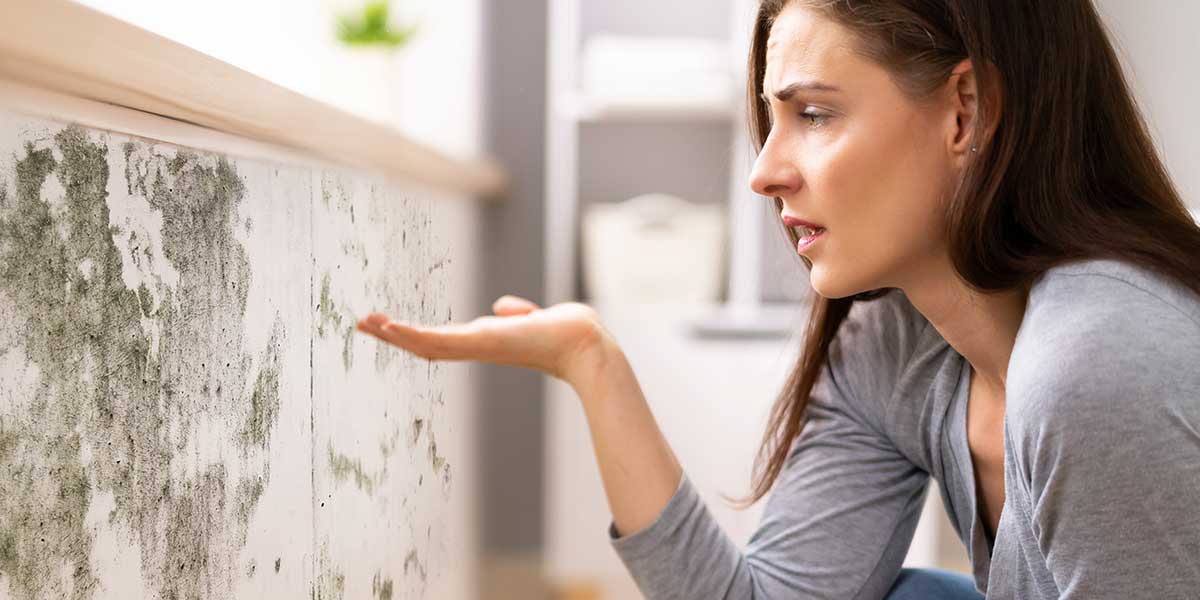 Concerned woman gesturing toward dark mold growth spreading across an indoor wall, demonstrating how mold develops even in cold weather.