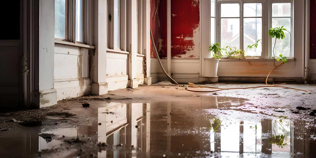 Standing water pools on the floor of a flooded, damaged home interior requiring professional cleanup and water damage restoration.