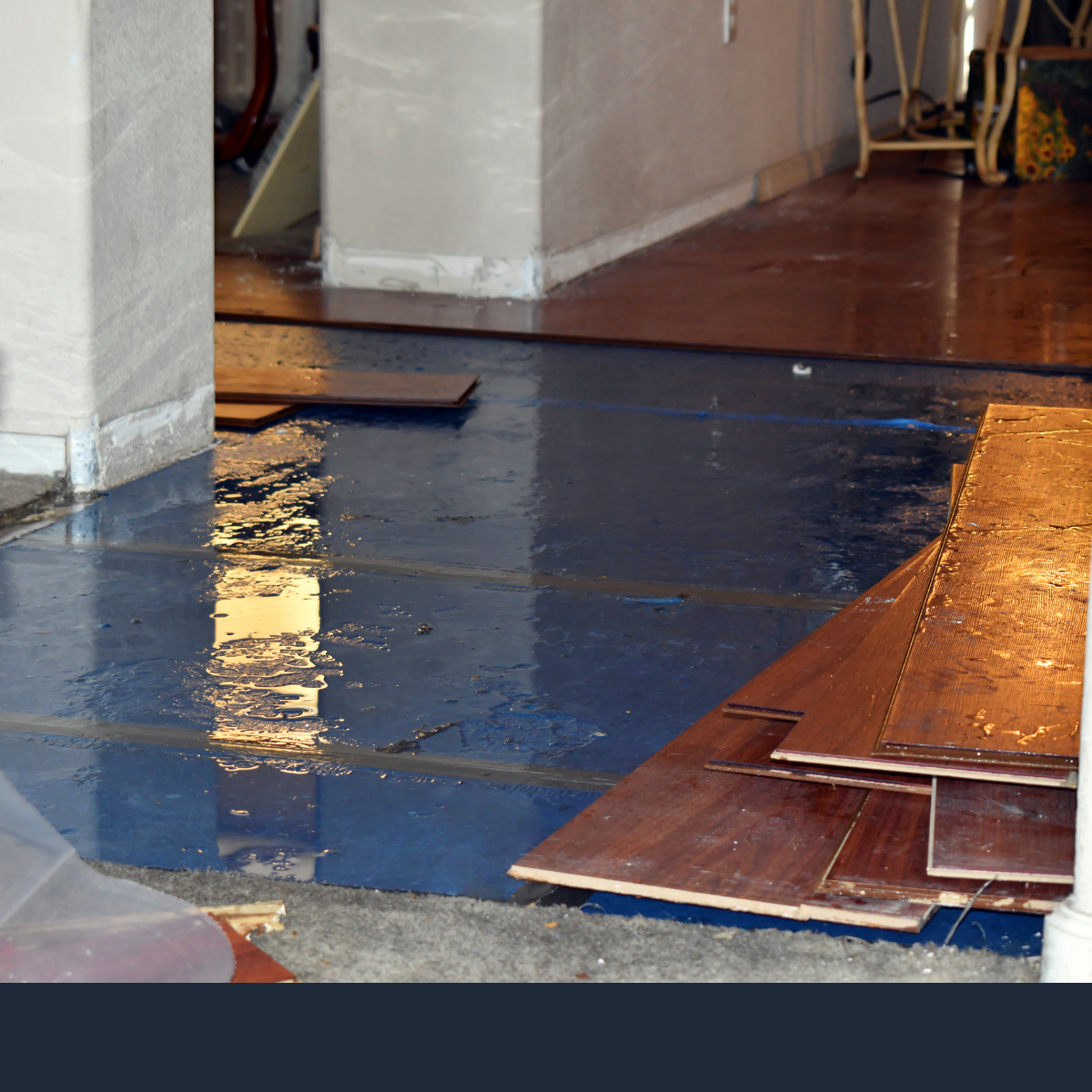 Blue-covered subfloor with removed and warped hardwood flooring panels in a room undergoing water damage restoration.